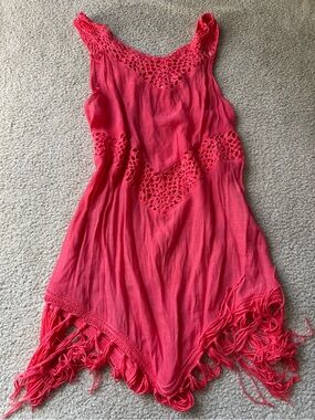 Pink beach sexy Coral Crochet-Trim Asymmetrical Fringe Dress y2k coverup